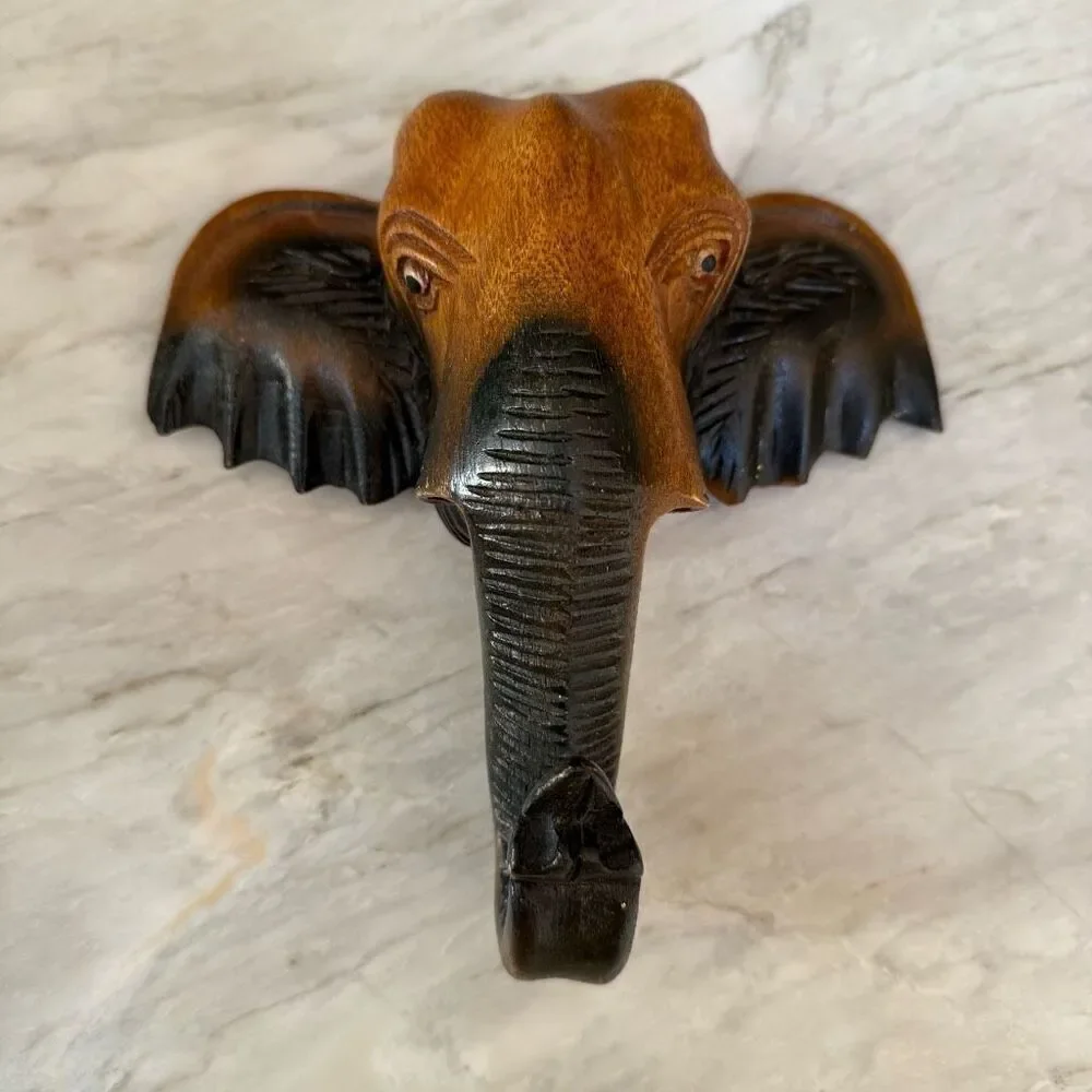 Elephant Head Thai Wood Carving Art Wall Home Decor 8”